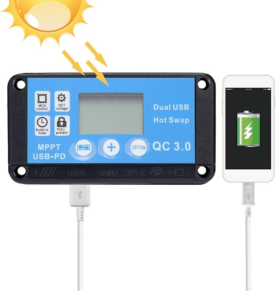 Universal Solar Charger Controller - DC 12V/24V Waterproof MPPT Controller LCD Display - USB Port Solar Regulator, Adjustable Parameters