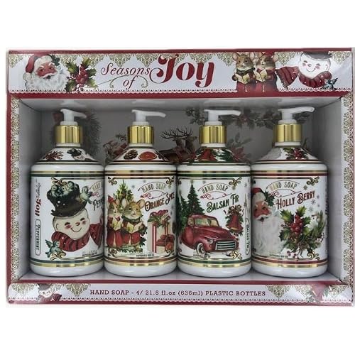 Home and body company Seasons of Joy Hand Soap Set, 4 Bottles, 21.5 fl oz Each, Christmas Scents Peppermint, Balsam Fir, Holly Berry, and Orange Spice