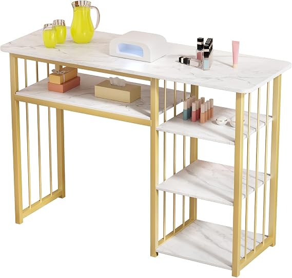 cdar Nail Desk,Nail Table Manicure Table Nail Station Marbling Texture Manicure Desks Nails Tech Desk with Multi Open Shelves for Beauty Salon Spa White