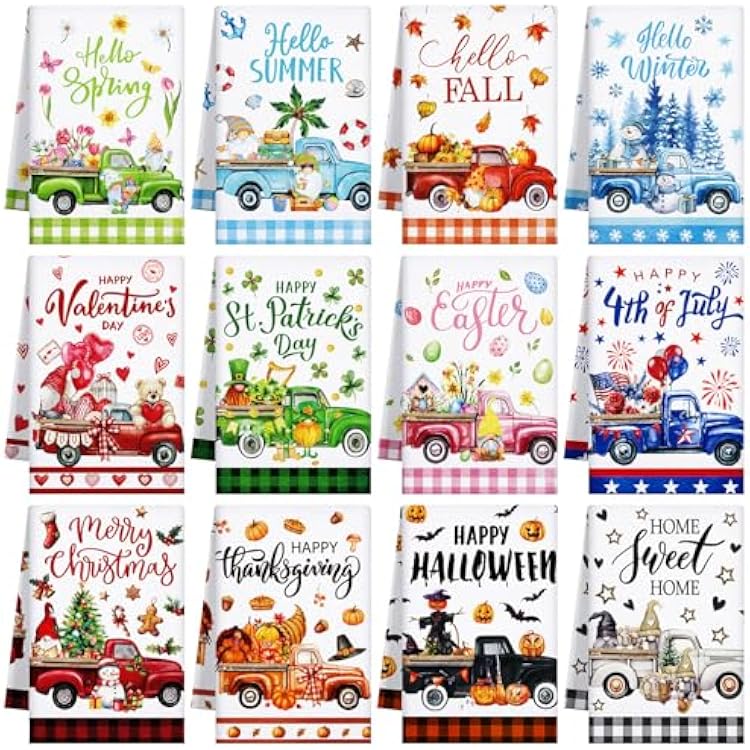 FuWeave 12 Pcs Seasonal Kitchen Towels Set for All Holidays Summer Patriotic Hand Dish Tea Towels Bulk Absorbent Dishcloths Housewarming Gift for Cooking Kitchen BathroomTruck Style