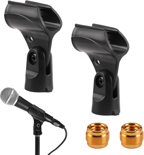 2 Pack Universal Microphone Holder 180° Adjustable Microphone Clip Attachment Large Handhold Mic Stand with 5/8" to 3/8" Mic Copper Screw Adapter for Wired Wireless Mic Clamp