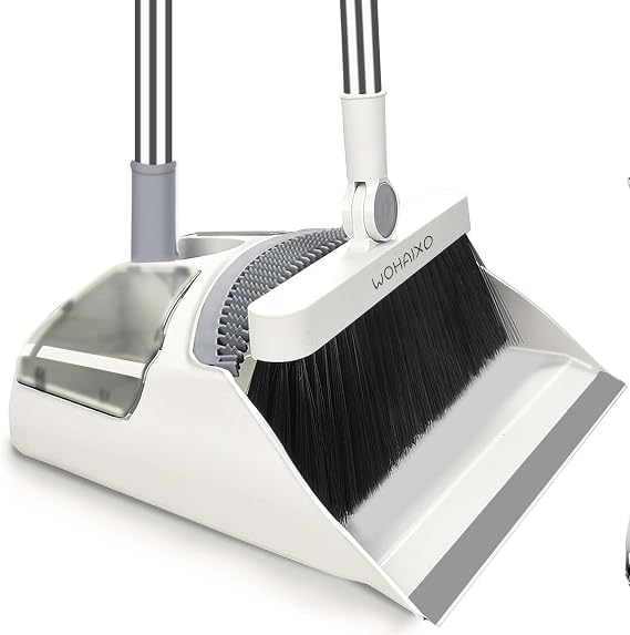 Broom and Dustpan Set with Long Handle, Upright Standing Dustpan with Teeth Comb, White