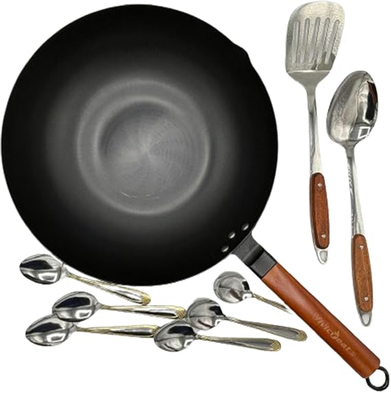vivicreate Carbon Steel Wok Pan, 9 Piece Woks & Stir-Fry Pans Set with Spatula, No Chemical Coated Flat Bottom Chinese Pan for Induction, Electric, Gas, suitable All Stoves - 12.5''