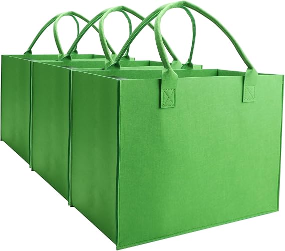 kaxilu Green Work Ladies Felt Handbag Reusable Bags, 3pcs Large 16.5"x12.5"x 10" light Tote Shopping Felt Bags for Grocery,Beach,Travel,Gym DIY Gifts Bag