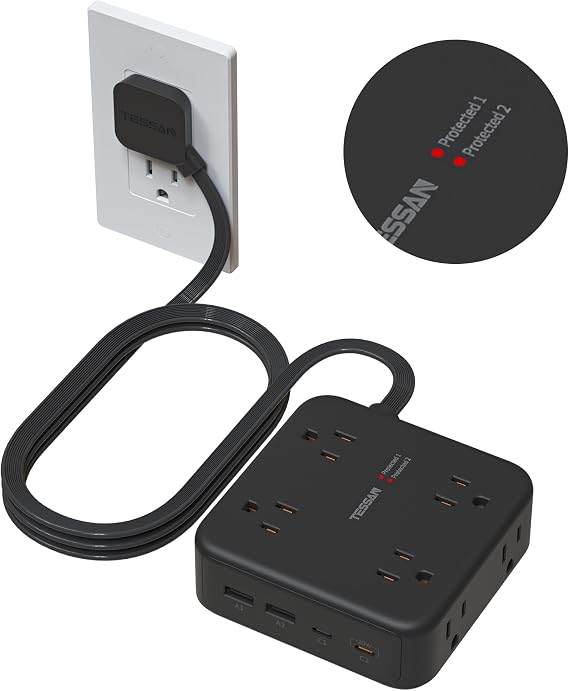 TESSAN Dual Surge Protector Power Strip, 5 Ft Extension Cord Flat Wall Plug