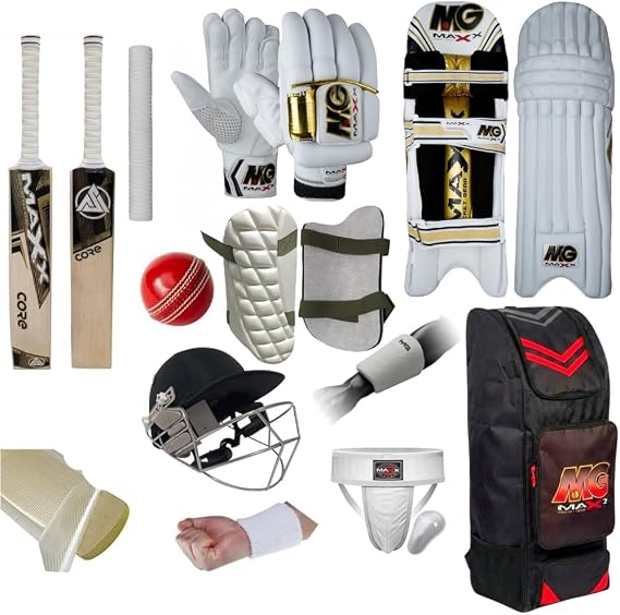Maxx Cricket Set 13pcs Leg Pads Bating Gloves 2 Kit Bag styles left or right handed quality Bat 2.9-2.16LB Free Cone & Mallet, Arm Pad