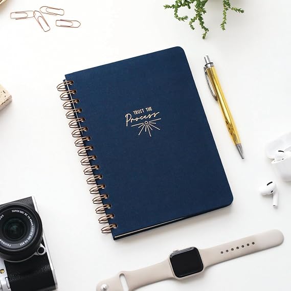 PAPERORA A5 Spiral Hard Cover Linen Striped Undated Notepad Navy Blue