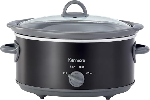 Kenmore 5 qt (4.7L) Slow Cooker, Black and Gray, Compact Countertop Cooking, Simple Dial Control, Easy to Use, Warm, Braise, Simmer, Sous Vide, Stew, Soup, Curry, Chili, Fondue, Yogurt