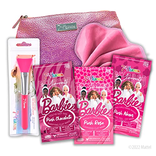 7th Heaven x Barbie Be Good To Yourself Skincare Face Mask Gift Set | Pink Neon Peel Off, Pink Chocolate Purifying Clay, Pink Rose Cleansing Clay, Cleansing Cloth and Spatula | Age 8