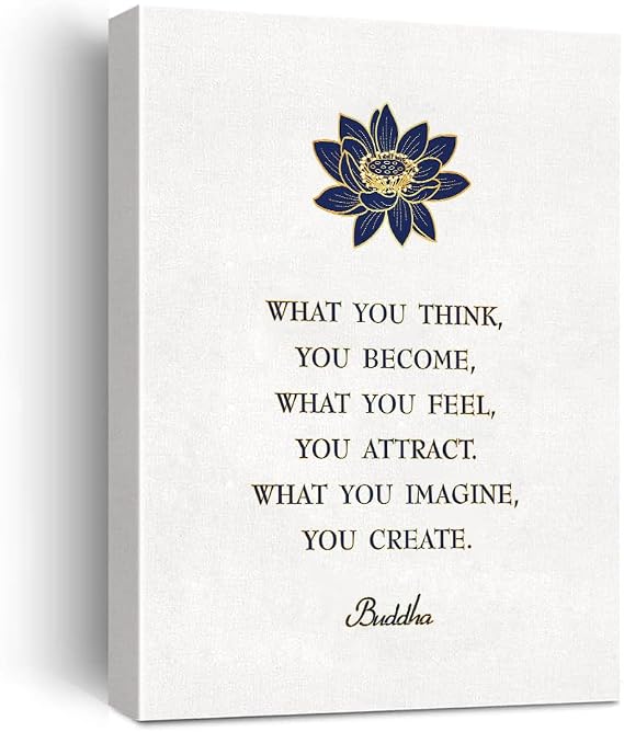 Buddha Quote Framed Wall Art,What You Think You Become Canvas Painting Artwork, BLue Lotus Buddhism Zen Meditation Prints Poster for Yoga Studio Therapy Buddha Room, Read to Hang 12x15 In
