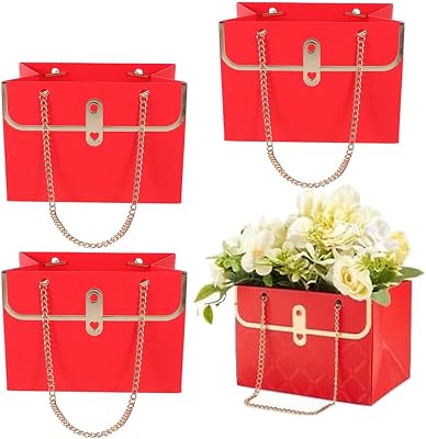 NADUSEP 4 PCS Flower Paper Gift Bag Bouquet Storage Bucket, Florist Flower Hand bag with Metal Chain Gift Case for Gifts Wrapping Supplies Bulk Mothers Day Valentines Day Womens Day Red