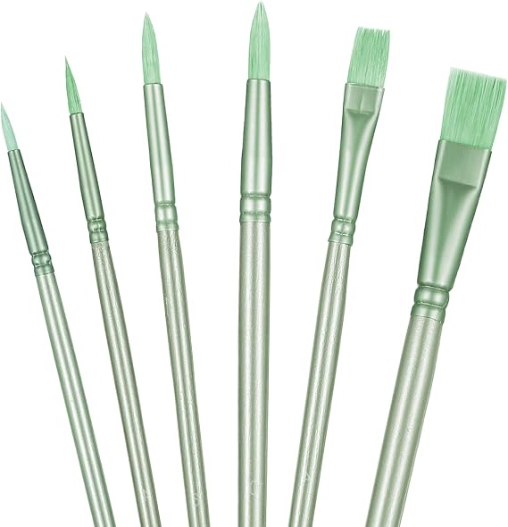 6 Pcs Acrylic Paint Brush Set, Watercolor Painting Brush Nylon Hair Brushes for All Purpose Oil Detailing Drawing Art Supplies(Green)