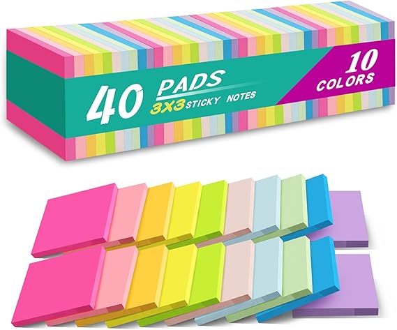 (40 Pads) Sticky Notes 3x3 in,Bright Colors Notepads,Colorful Stickies | Super Sticking Power,Memo Note Pads,Post on Windows Doors,Office,School,Strong Adhesive,Recyclable,Easy to Write