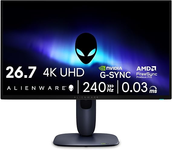 Alienware 27 4K QD-OLED Gaming Monitor AW2725Q - 26.7" 4K UHD QD-OLED 240Hz 0.03ms, NVIDIA G-SYNC Compatible, AMD FreeSync Premium Pro, VESA AdaptiveSync, Dolby Vision, VESA DisplayHDR True Black 400 | NVIDIA G-SYNC Compatible, 26.7' UHD 240Hz 0.03ms, AMD FreeSync Premium Pro, VESA DisplayHDR True Black 400, VESA AdaptiveSync