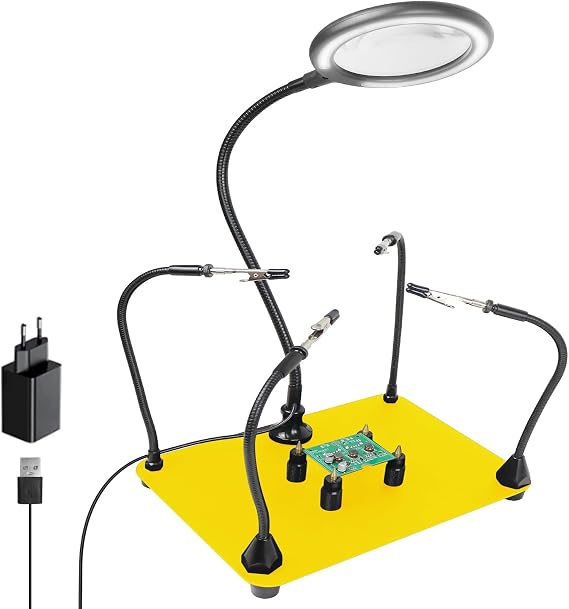 3X Helping Hands Soldering Third Hand with Dimmable LED, Magnifying Glass with Light Stand Soldering Holder Heavy Duty Base for Welding Jewelry DIY Crafts Hobbies [Energy Class G]