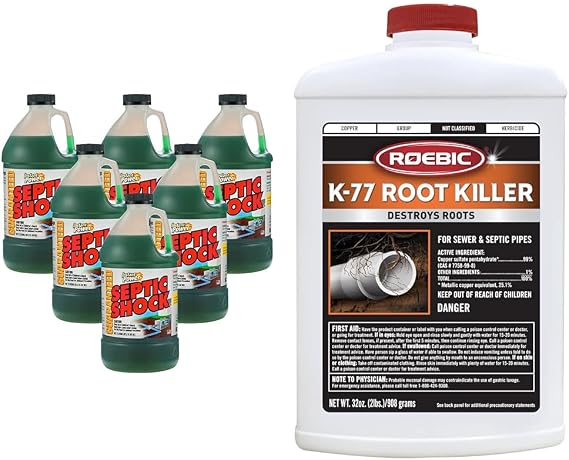 Instant Power Septic Shock Drain Cleaner 6 Pack, Roebic K-77 Root Killer 32 Oz Clears & Stops Growth Safe for Septic