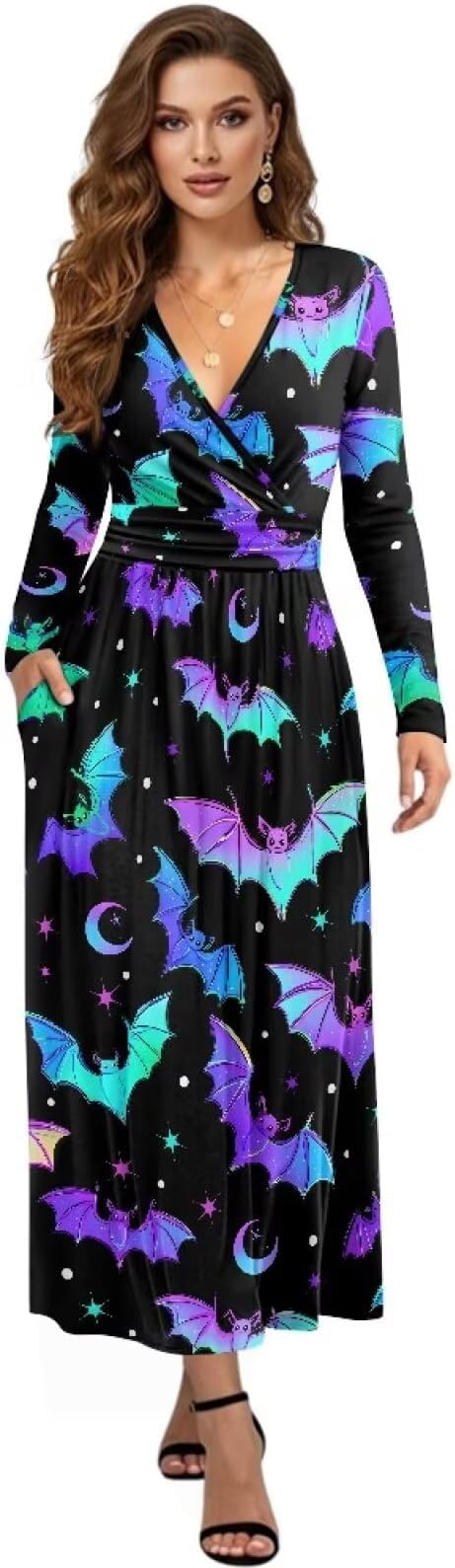 Women's Fall Long Sleeve Maxi Dress V Neck Trendy Casual Loose A Line Tiered Flowy Swing Party Vacation Dresses