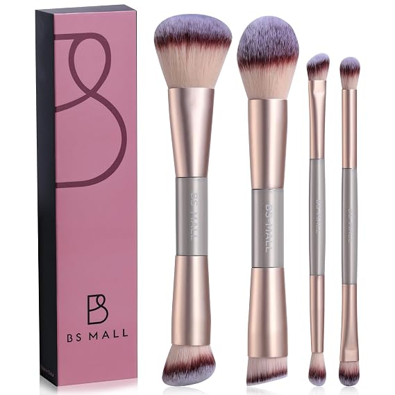 BS-MALL Double-ended Makeup Brush Set 4 Pcs Portable - Professional Luxury Eyeshadow Brush, Concealer Brush, Blush brush & Foundation brush for Multi-purpose Daily Use (Champagne Gold)