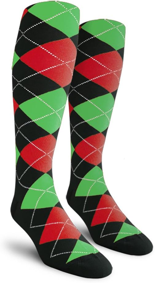 Golf Knickers Colorful Knee High Argyle Cotton Socks For Men Women and Youth - G: Black/Red/Lime - Mens