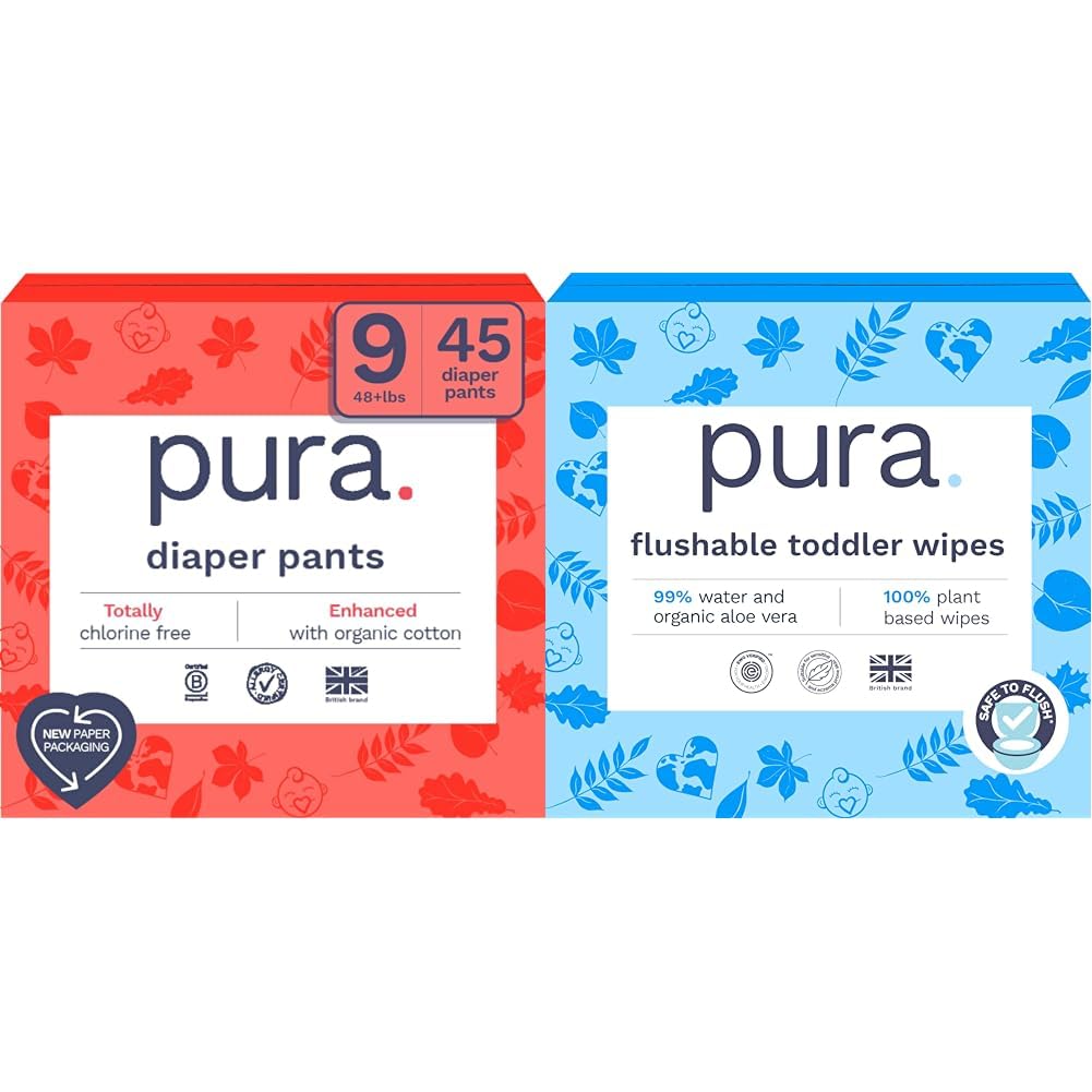 Pura Bundles of Joy - Toddler Pack - Size 9, 3 x 15 Diapers, 45 Total 48lbs & Flushable Toddler Wipes 10 x 60 Wipes 600 Wipes