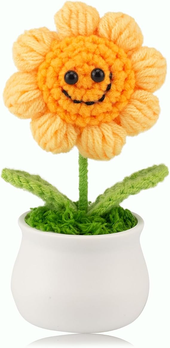 Crochet Flowers Cute Knitted Sunflower Potted Flower,Gift for Birthday, Teachers Day, Graduation, Anniversary, Christmas, Decor for Car Dashboard,Home Office Decoration(Yellow1)