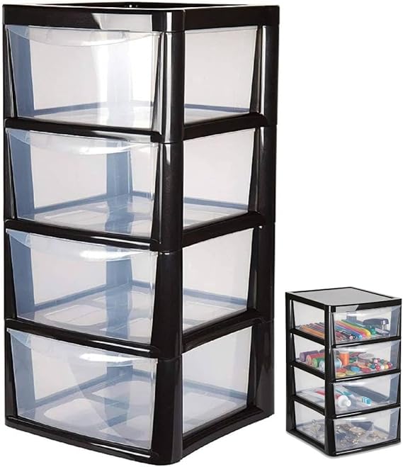 4 Drawer Large Plastic Storage Unitr,Sturdy Drawer Tower Organizer, Home Office School Kids Toy Bedroom Storage Solution, With See Through Drawers for Home Office Crafts Black Clear