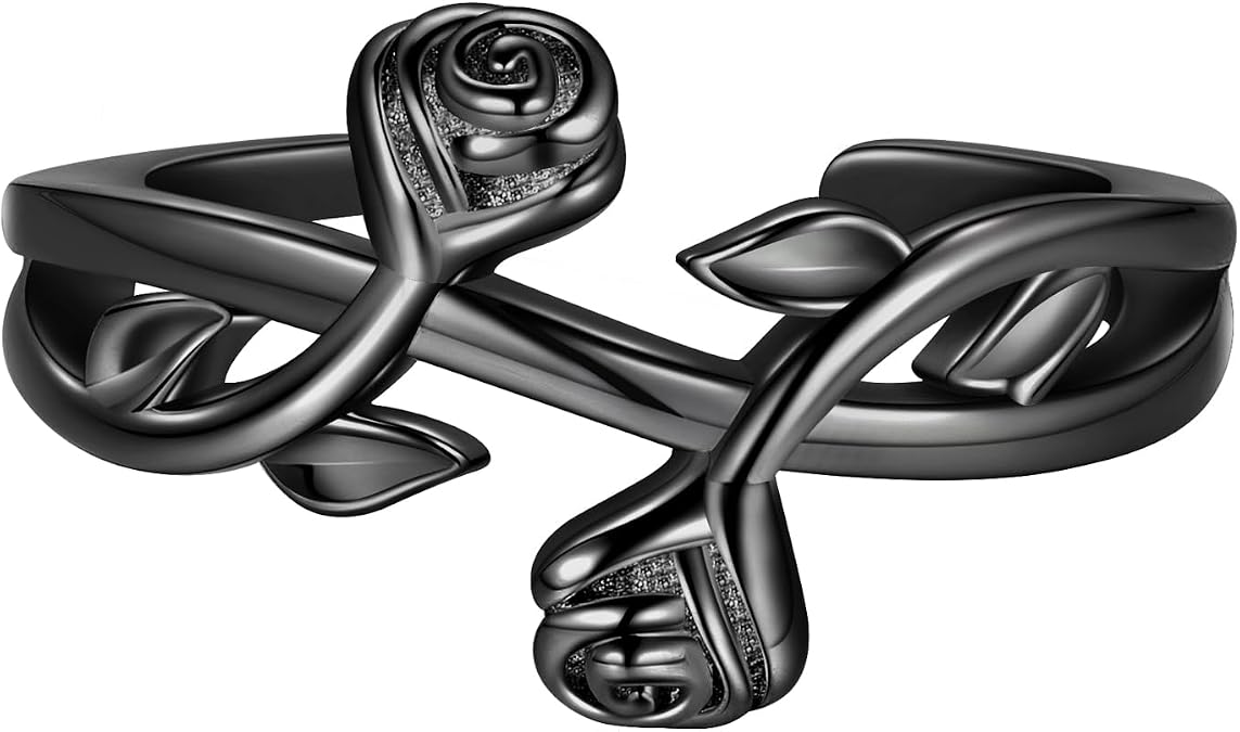 beautlace Rose Flower Adjustable Rings Flower Love Open Ring Silver/Black Gun Plated Elegant Wedding Engagement Jewelry Gifts for Women KR0112