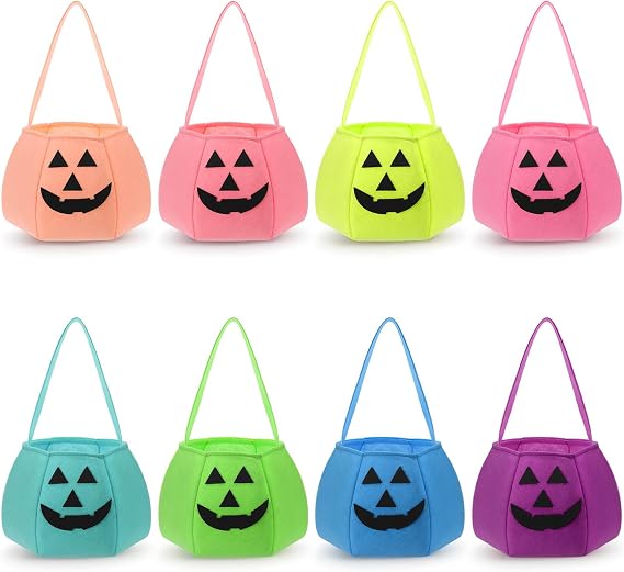SilTriangle 8 Pcs Pumpkin Trick or Treat Buckets Pumpkin Face Pastel Candy Bags Felt Halloween Trick or Treat Basket for Halloween Exchange Gifts Party Supplies