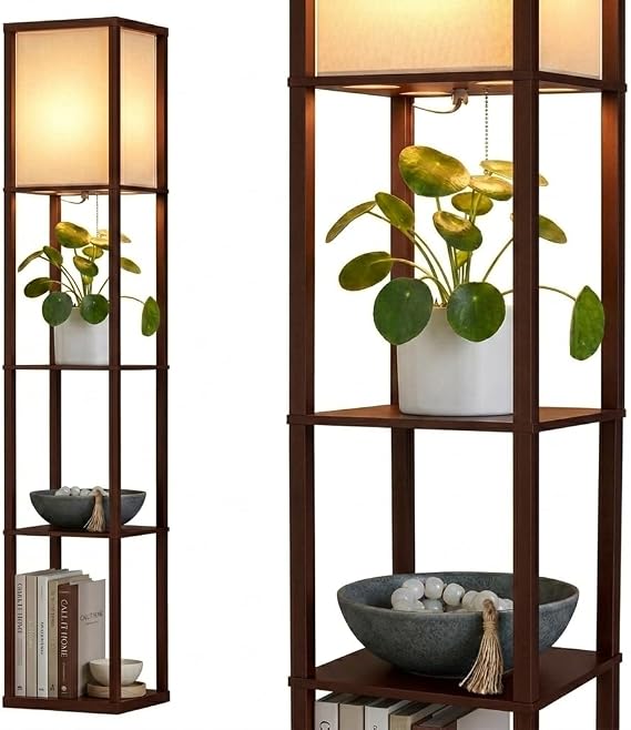 Brightech Maxwell - Modern Shelf Floor Lamp with Lamp Shade & Warm White LED Bulb, Corner Display Floor Lamp with Shelves for Living Room, Bedroom, Nightstand Office, Home Decor Storage - Havana Brown