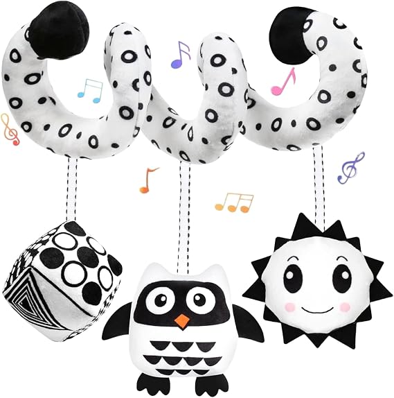 kizh Baby Hanging Stroller and Car Seat Toys High Contrast Baby Toys for Newborn Black and White Sensory Plush Activity Toy for Babies 0-6 Months-OWL