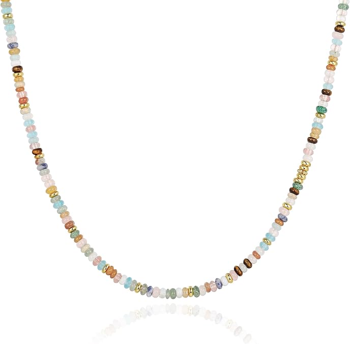 Boho Beaded Necklace for Women Colorful Rainbow Crystal Gemstone Multicolor Beaded Choker Stackable Necklaces for Beach Summer Vacation Healing Chakra Natural Stone Jewelry Gifts Handmade Adjustable