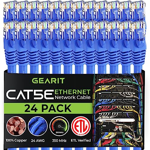 GearIT 24-Pack, Cat5e Ethernet Patch Cable 6 Feet - Snagless RJ45 Computer LAN Network Cord, Blue - Compatible with 24 48 Port Switch POE Rackmount 24port Gigabit