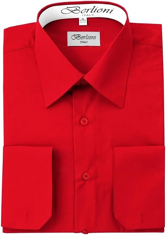 Men's Long Sleeve Dress Shirts | Solid Colors & Convertible Classic French Cuffs | Roomiest Fit Button Up Dress Shirt | Cotton & Polyester Machine Washable Available Red