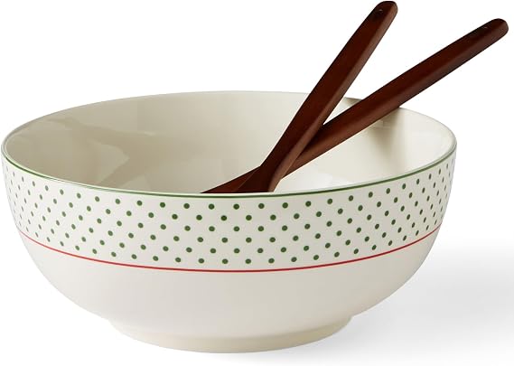 Spode Christmas Tree Polka Dot Serving Bowl & Wooden Servers - Set of 3 | Hand Painted Earthenware 10" Salad Bowl & Acacia Wood Servers for Pasta, Salads, Side Dishes & Holiday Entertaining