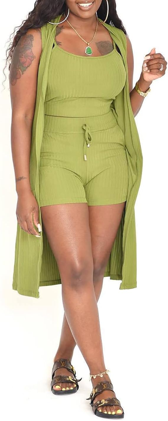 Vssjavun Womens 3 Piece Outfits Long Cardigan Tank Top Bodycon Shorts Sets