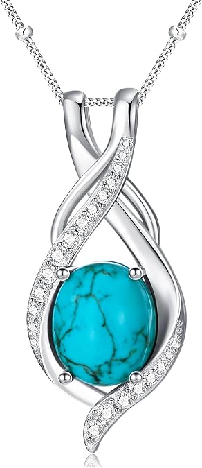Genuine Turquoise Necklace for Women 925 Sterling Silver with Oval Natural Stone with CZ Pendant Gemstone Jewelry for Her Wife Mom Sister Girlfriend