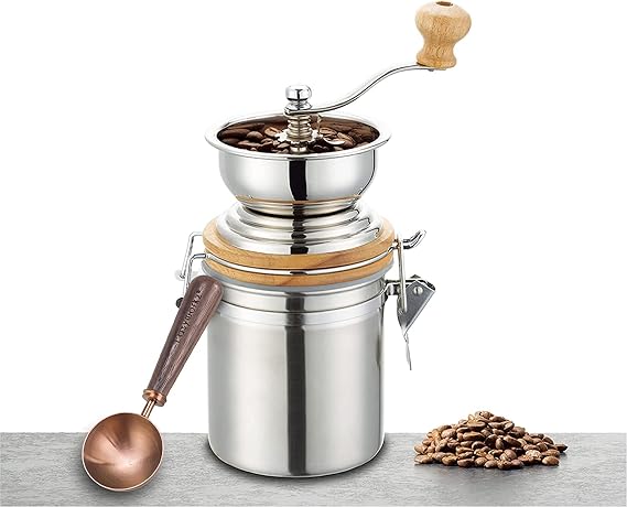 Easyworkz Manual Coffee Grinder Bundled With Retro Stainless Steel Coffee Scoop, Featuring Airtight Canister, Adjustable Setting Mill And Black Walnut Handle 10g -1 Tablespoon, Rose Gold