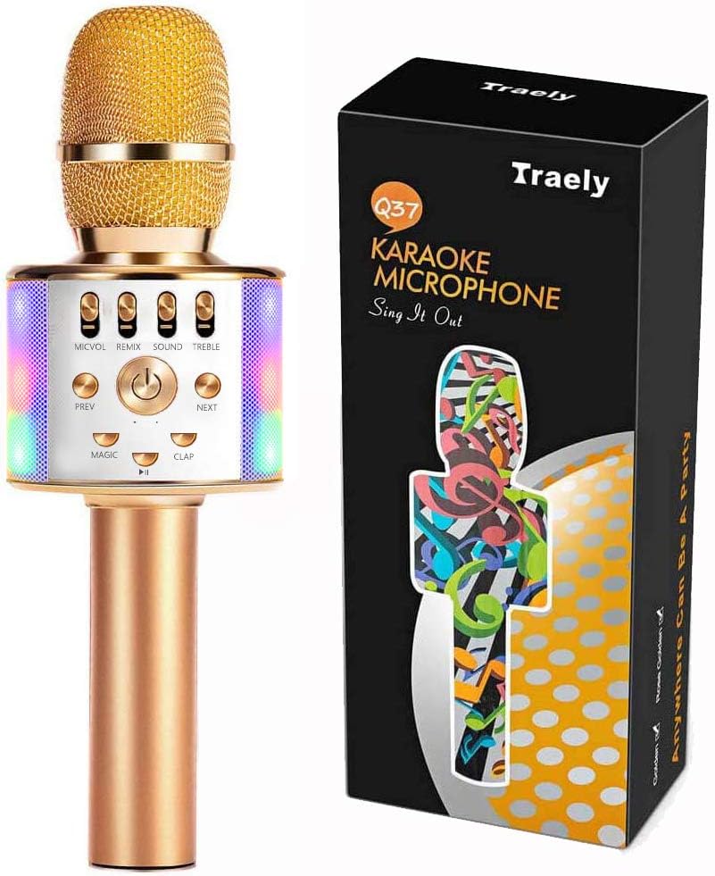 TRAELY Toys for Girls 5-12 Years Old Kids Karaoke Microphone Wireless Bluetooth Rechargeable Portable Singing Karaoke Machine Christmas Birthday Gifts for Girls Boys Age 5 6 7 8 9 10 11 PartyGolden