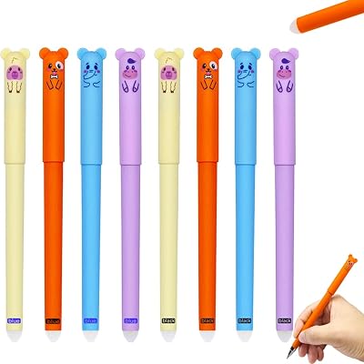 MROOFUL 8Pcs New Creative Animals Elephant Bear Erasable Gel Pens, 0.5mm Needle Tip BlueBlack Washable Handle Magic Refills Rod for Office Writing Stationery Supplies