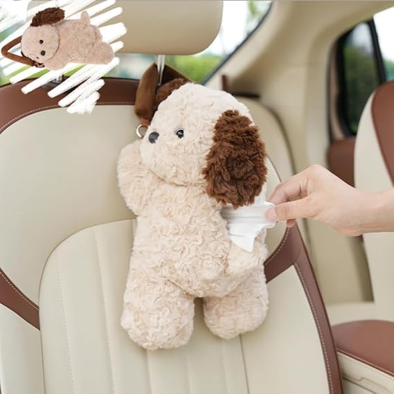 Tissu Cover Soft Plush Cute Dog Box Cartoon Paper Cover Holder Napkin Box Paper Storage for Car Home Bathroom Accessories (Brown)