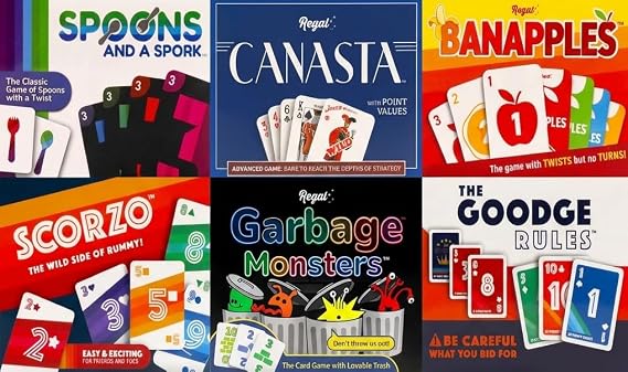 Regal Games Fun Card Games Set for Adults - Canasta, Spoons and a Spork, Garbage Monsters, ScorZo, The Goodge Rules, and Banapples Decks - Fun & Travel Playing Cards for Family Game Night