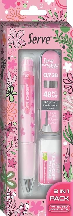 Serve Doğa Desenli Deep Kalem, Deep Silgi ve Deep Min, 0.7 mm, Şeker Pembe