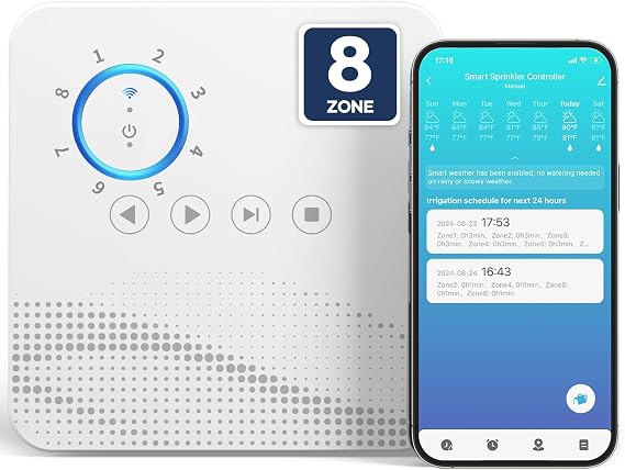tolviviov Smart Sprinkler Controller, 8-Zone Indoor WiFi Irrigation Controller, App Enabled, Simple Automated Watering Scheduling, Local Weather Intelligence, Rain, Freeze Skip