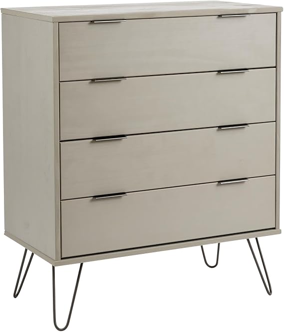 Home Source Acadia Chest of Drawers Cabinet Organiser Industrial Wooden Bedroom Storage Unit, Grey, 4 Drawer