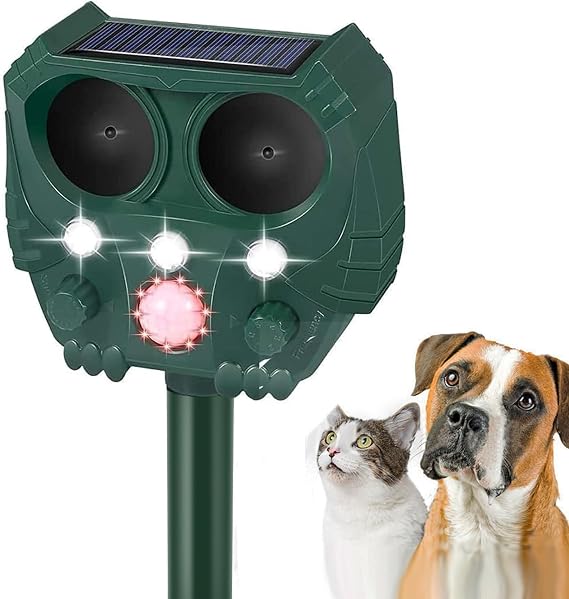 Ultrasonic Cat Deterrent, Solar Powered Deterrent with Motion Sensor and Flashing Lights Outdoor Solar Farm Garden Yard Device, Dogs, Cats