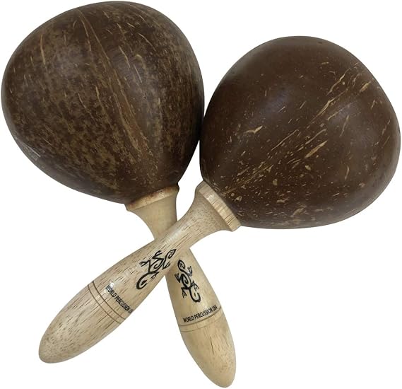 Large Coconut Maracas Shaker Pair 2 - Authentic World Percussion Instrument - Natural Finish, Solid Wood Handle, Filled with Pebbles and Beads by World Percussion USA