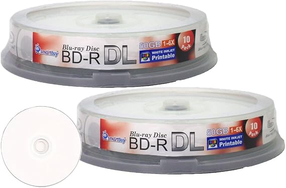 Smart Buy 20 Pack Bd-r Dl White Inkjet Printable 50gb 6X Blu-ray 20-disc | Large Capacity, Dual Layer Double Layer, Blank Data Audio Video Recordable Media Disc, Full White Surface for Inkjet Printer