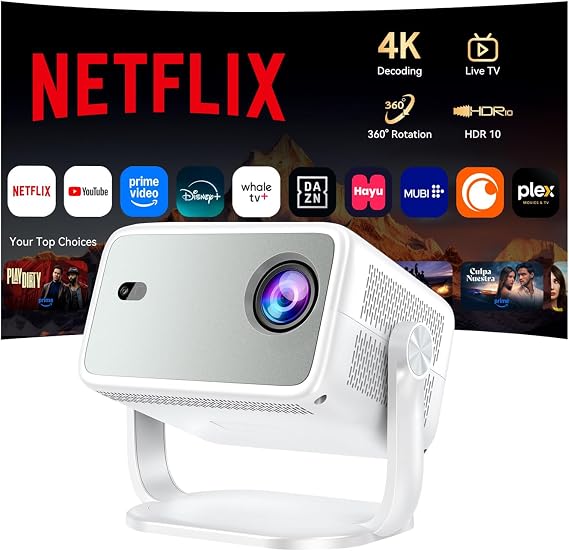 Outdoor Projector with Netflix Built-in, 4K Support Smart Projector 3500 Brightness with WiFi and Bluetooth, Auto Focus & Keystone, 360Rotatable Stand Portable Movie Projectors for Home Theater