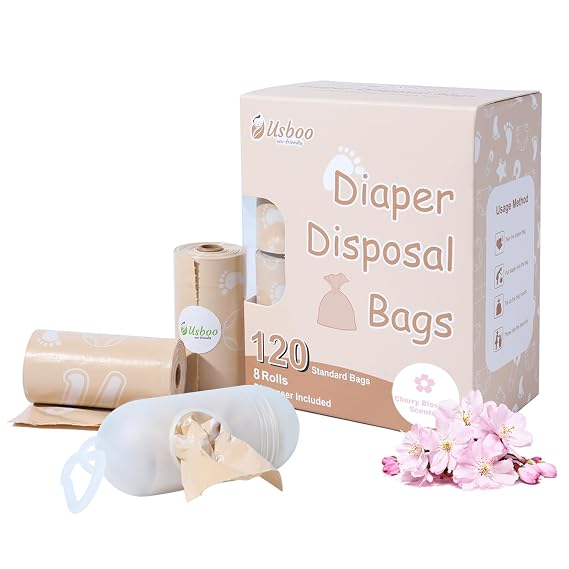 USBOO Disposable Diaper Bags, 8 Rolls / 120 Bags, Cherry Blossom Scent