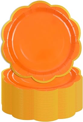 50 Pcs Orange Paper Plates,9 Inches Gold Foil Disposable Scalloped Paper Party Plates for Cake Dessert Halloween Fall Thanksgiving Birthday Wedding Baby Shower Party Decorations